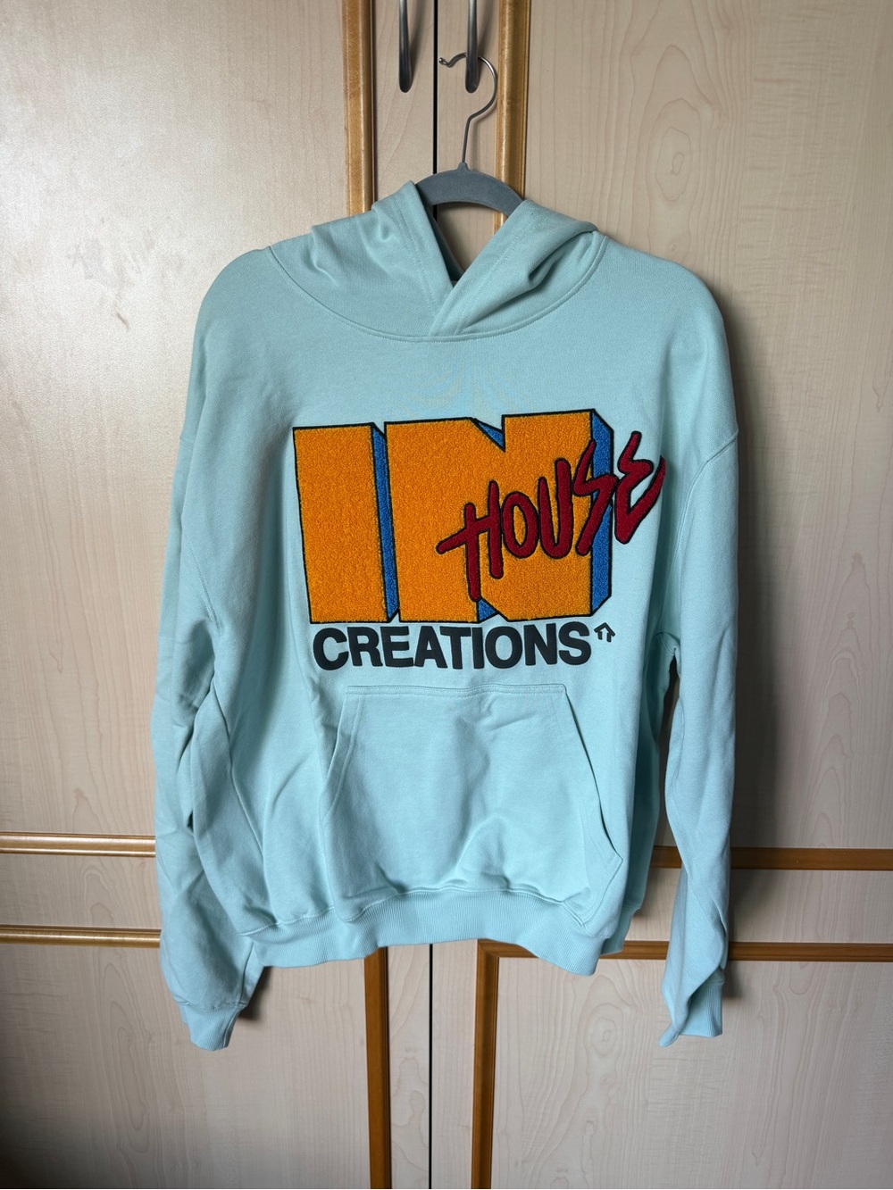 IN House Creations Hooded Sweatshirt - Light Blue with Orange Graphic